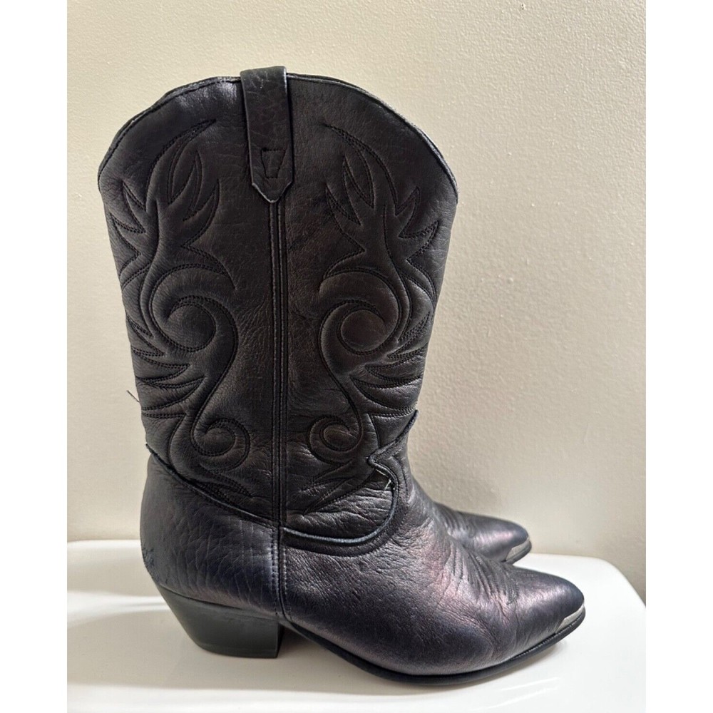 Acme Womens Black Leather Cowboy Boots Western Low Heel Pull On - Size 9 M